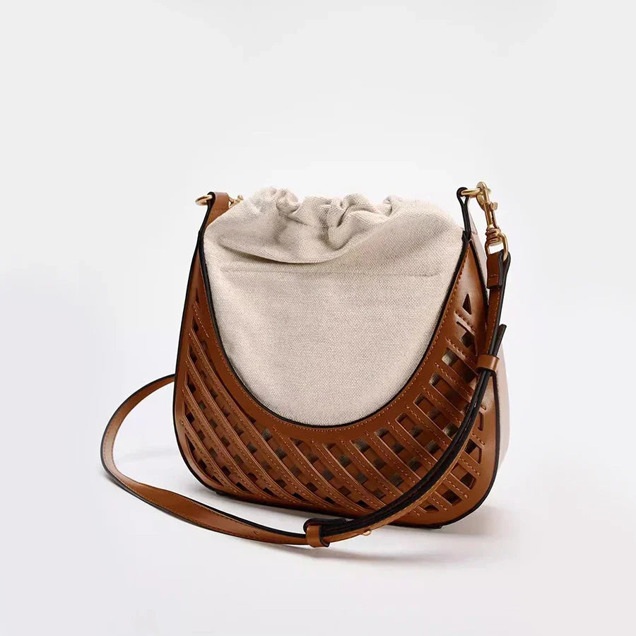Fashionable Autumn & Winter Woven Hollow Shoulder & Crossbody Bag | Retro Versatile Travel Contrast Color Large Capacity Canvas Handbag