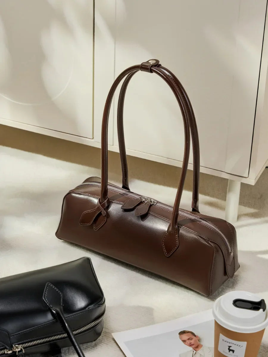 New Genuine Leather Women's Shoulder Bag | Large Capacity Cowhide Luxury Handbag (Long Strip Wine Red Baguette Bag)