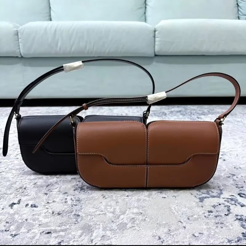 French Chic Compact Horizontal Saddle Bag | Luxury Woman Shoulder Underarm Stick Bag (Classic Long Clutch & Handbag)