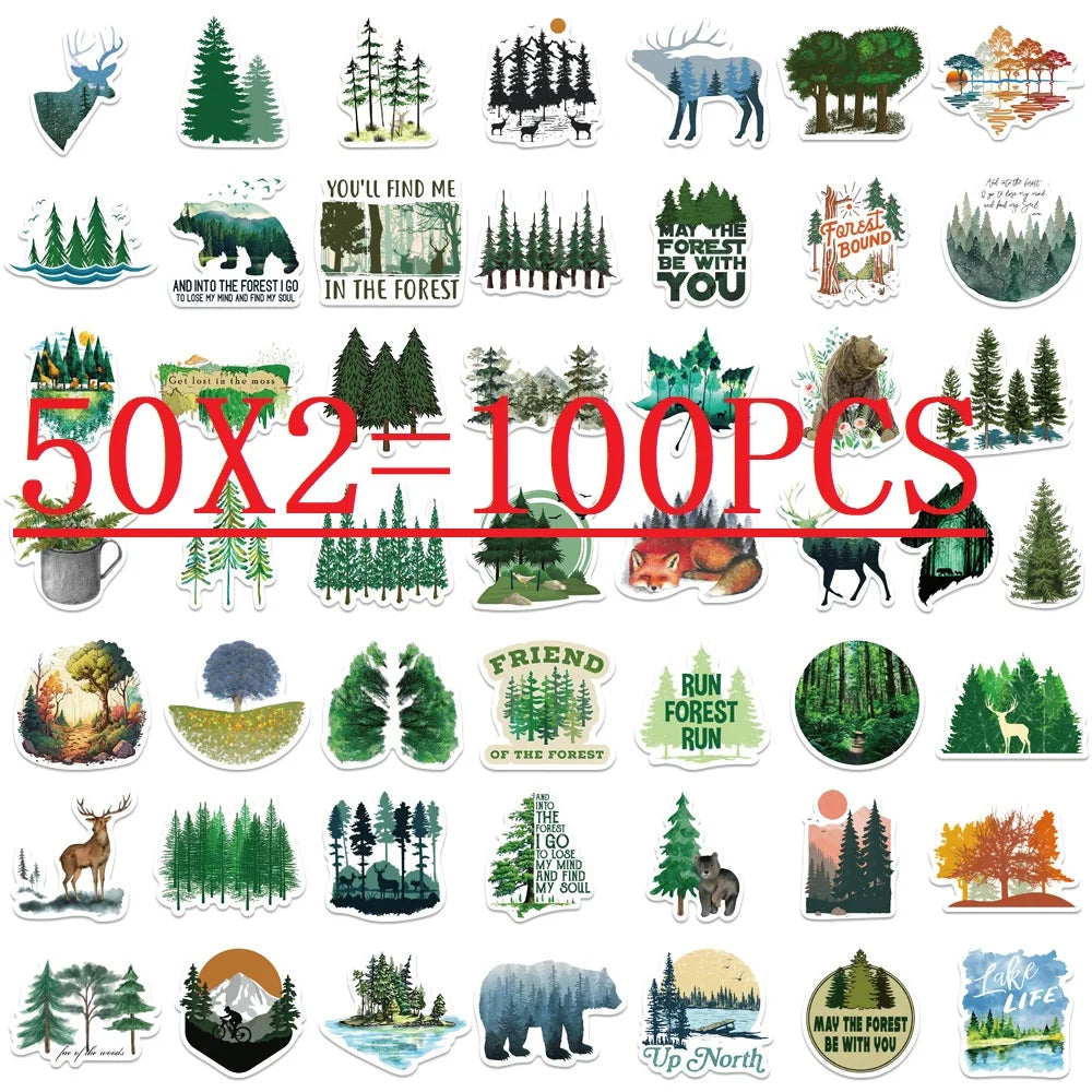 50PCS Green Forest Graffiti Stickers Decorative Guitar Luggage Waterproof DIY Stationery Stickers