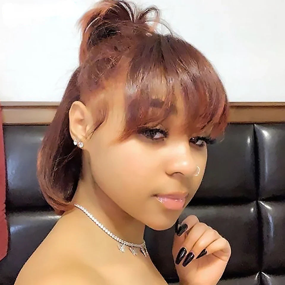 Reddish Brown Bob Wig | Straight Human Hair Lace Front with Bangs