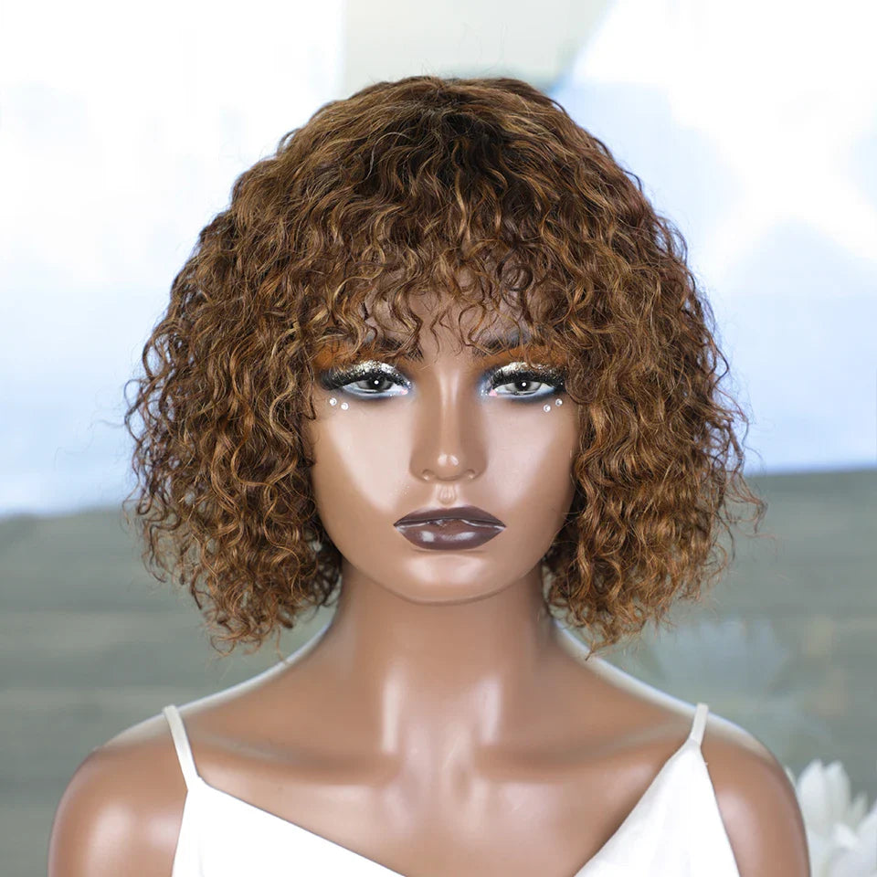 Highlight Honey Blonde Jerry Curly Bob Wig with Bangs | Non-Lace Front Human Hair