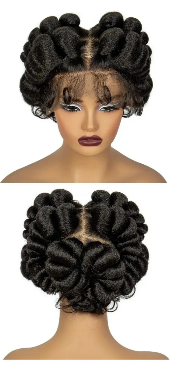 Short Cute Handmade Bantu Knotless Braided Wig with Baby Hair | Full Lace Synthetic Wig for Black Women
