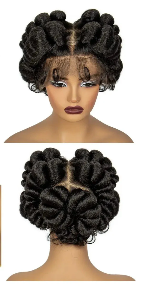 Burgundy Bantu Knotless Braids Wig | Short Handmade Full Lace | Baby Hair