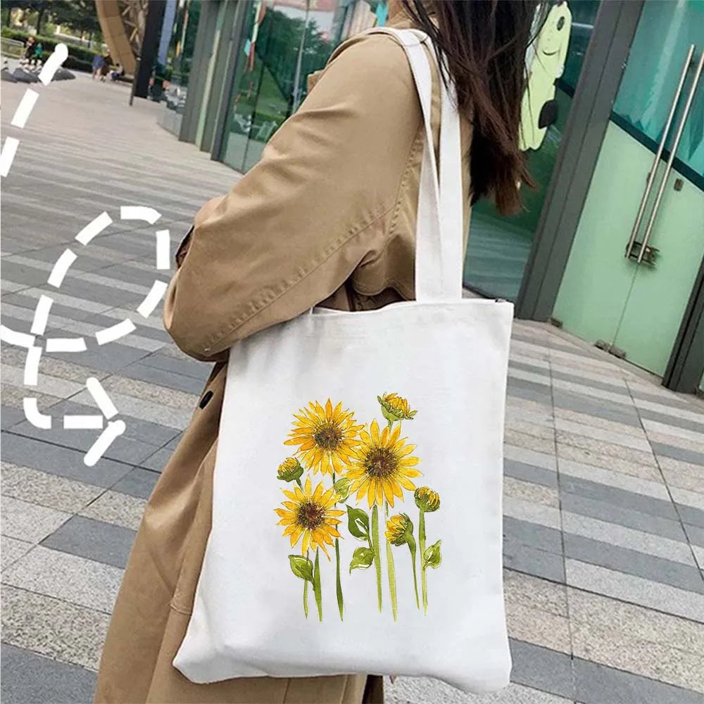 Succulove Floral Cotton Tote Bag | Large Capacity Handbag with Tulips, Hydrangeas, Sunflowers & More (Casual Shoulder Shopper, Eco-Friendly)