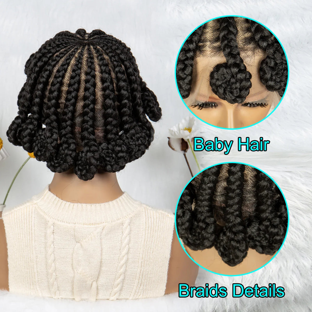 Short Bantu Knot Braided Wig | Full Lace | Synthetic Hair | Baby Hairs | Transparent Lace | Cute Braids Wig for Women