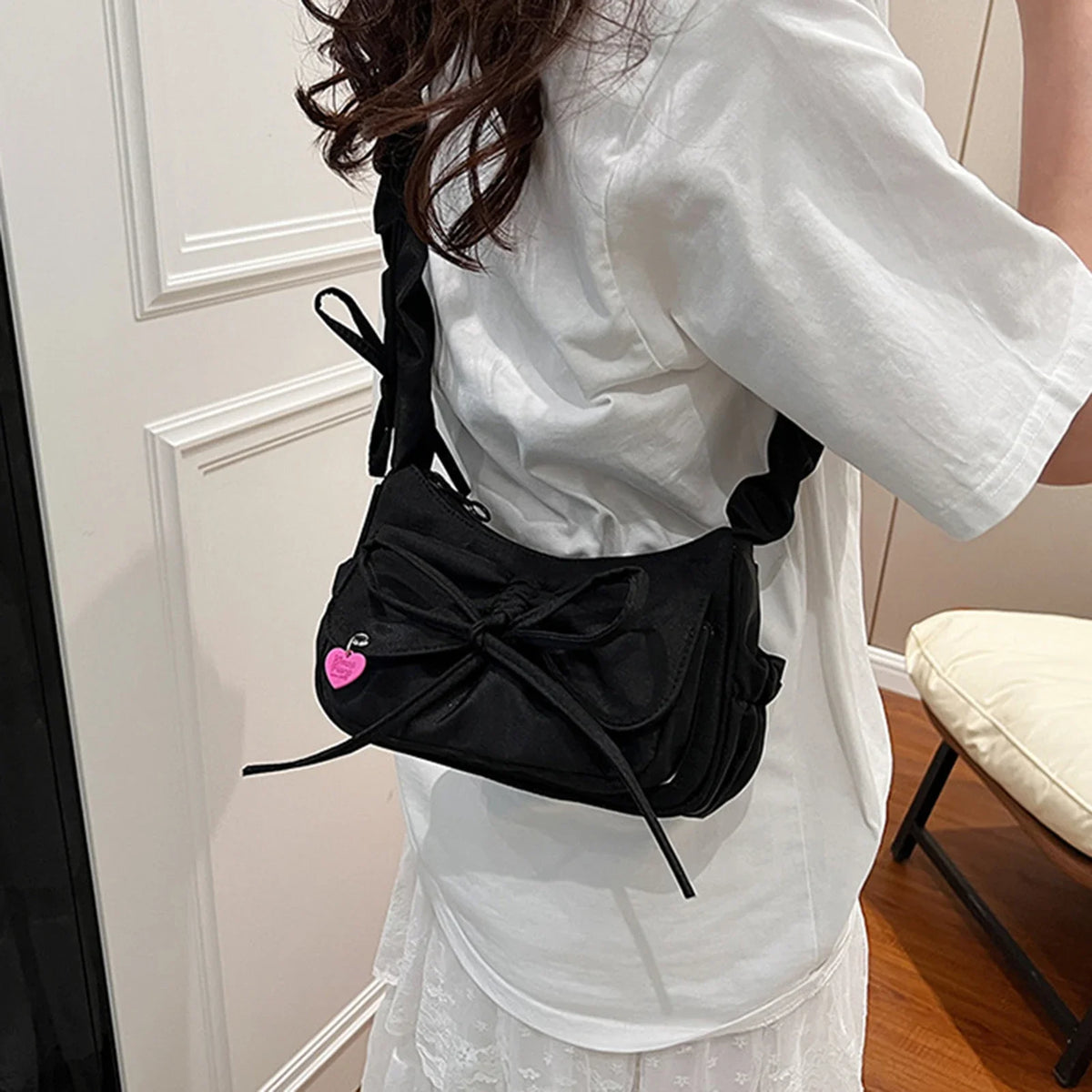 1Pcs/lot Black Bow Casual Shoulder Bag for Women | Korean Style Washed Denim Summer Handbag (Exquisite Gift for Ladies)
