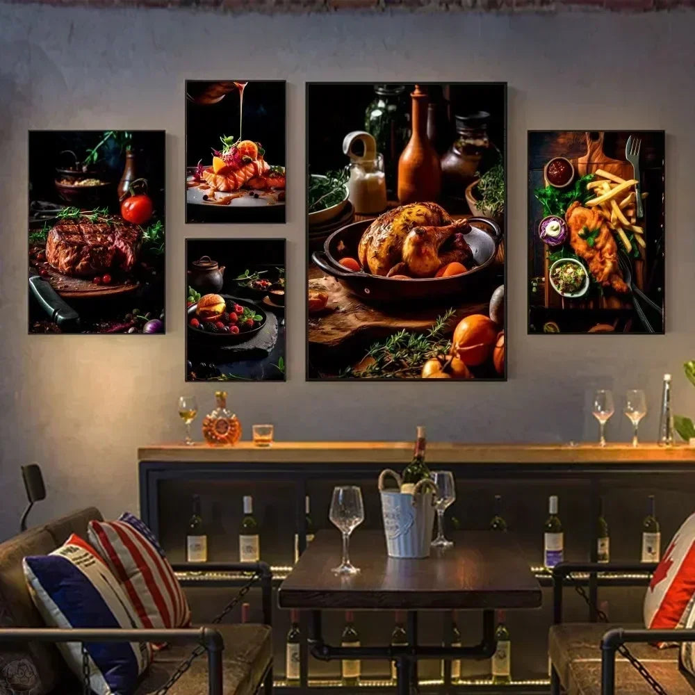 Chicken Food Burger French Fries Chicken Salmon Art Poster Canvas Painting Wall Print Living Room Home Restaurant Decor Poster