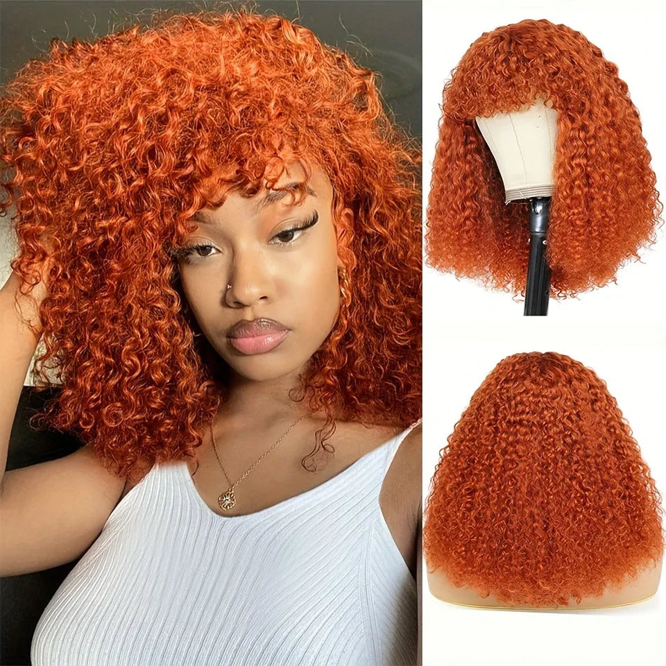 Ginger Jerry Curly Pixie Bob Wig | Honey Blonde Orange Remy Human Hair with Bangs