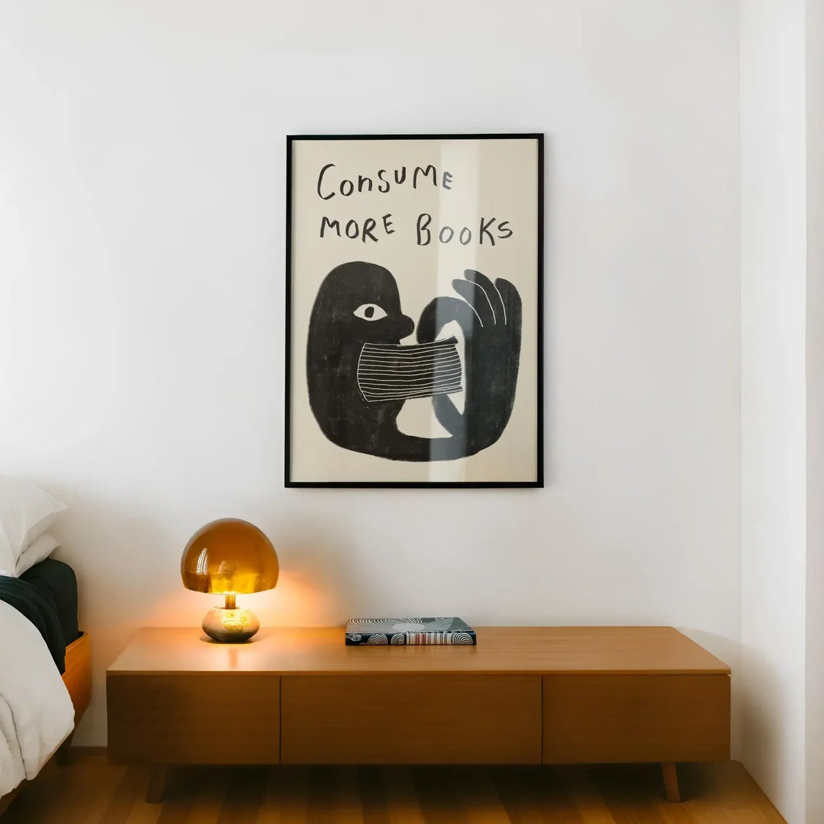 Retro Book Wall Art Reading Print Gift For Book Lovers Hand Drawn Illustration Wall Art Consume More Books Print, Cool Liter