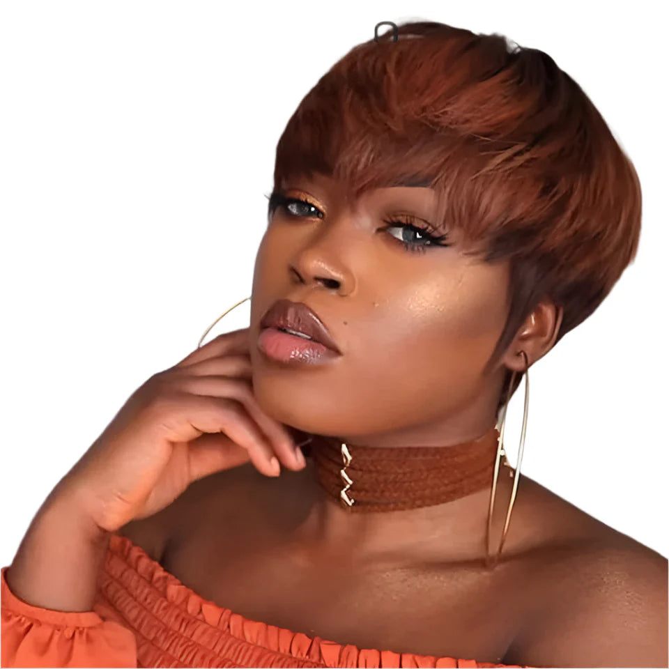 Rebecca Pixie Cut Wig | Brown Remy Human Hair with Bangs & Romace Curl