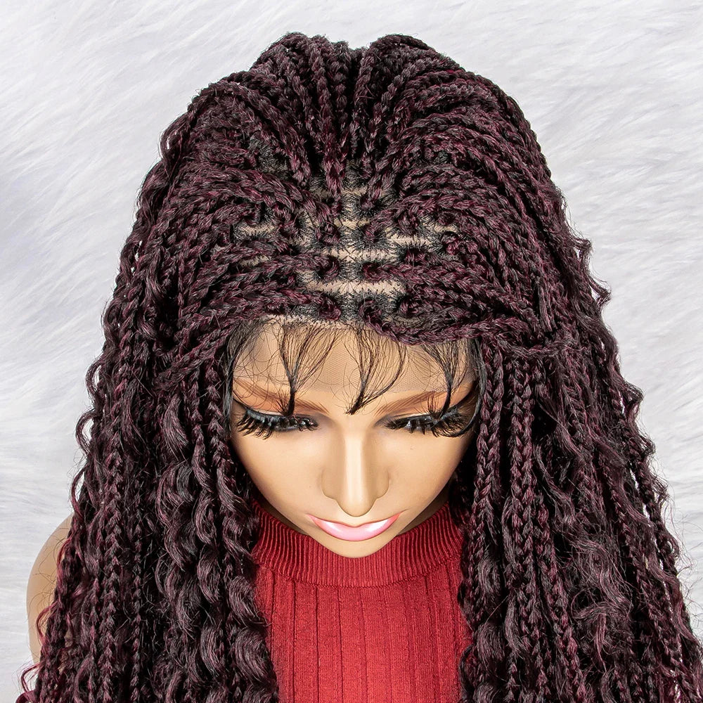 Curly End Box Braids Lace Frontal Wig with Baby Hair | Synthetic Full Lace Braided Wig for Black Women