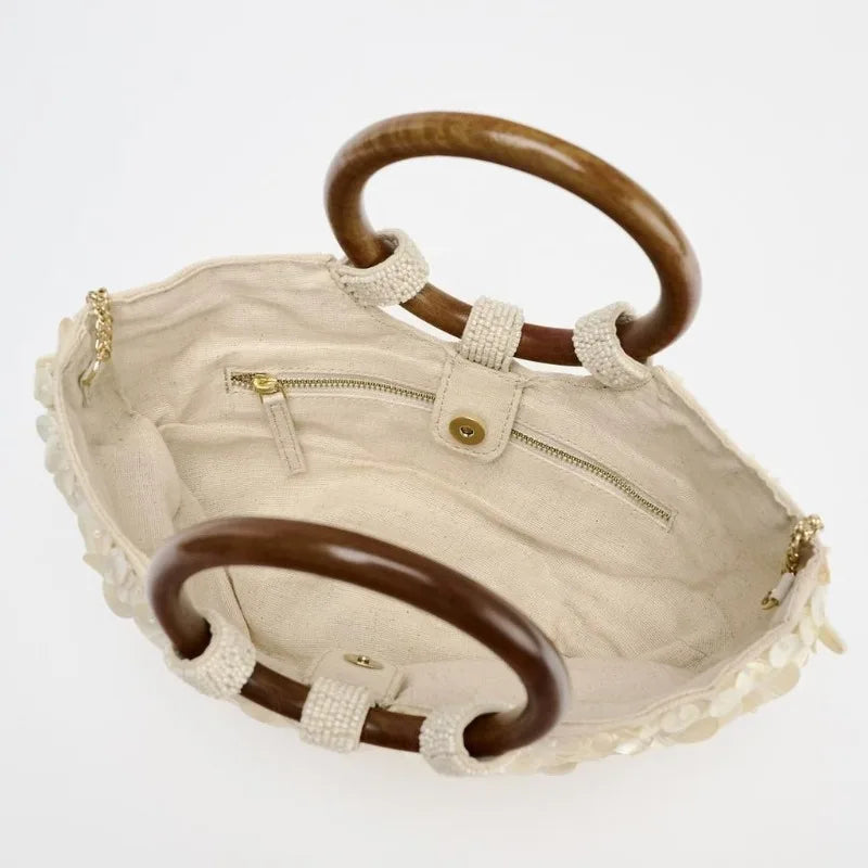 Faux Nacre Appliqué Half-Moon Bag for Women | New Double Circular Top Handles & Removable Chain Crossbody Strap (Fashionable & Versatile)