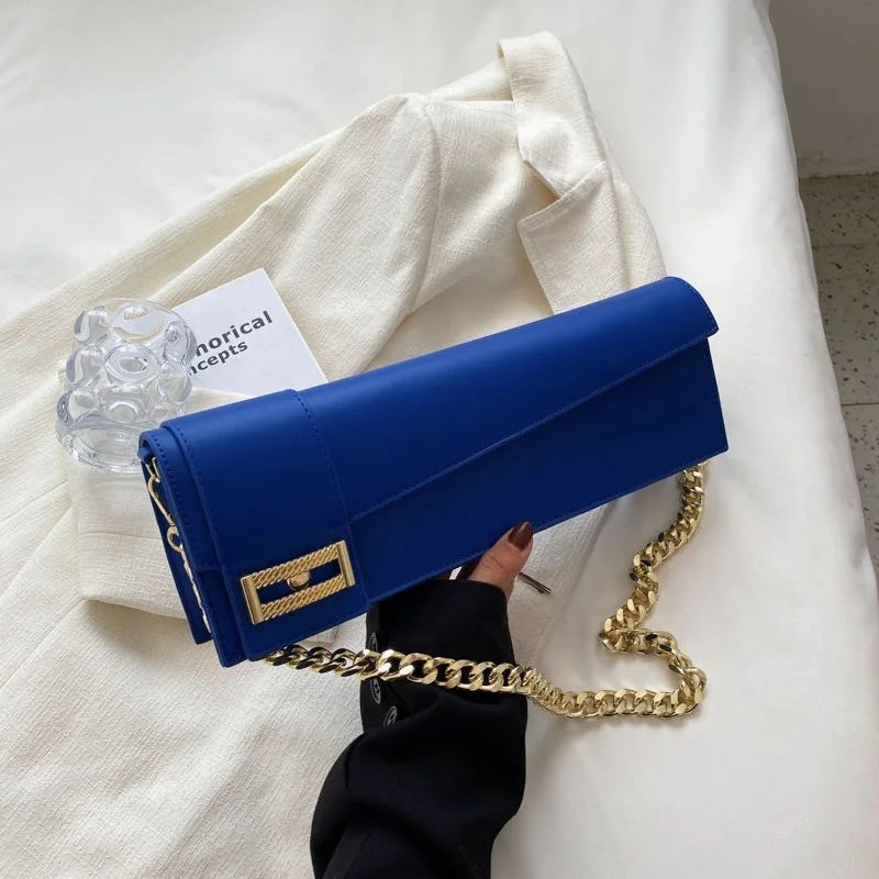 High Quality Klein Blue PU Leather Shoulder Bag for Women | Fashion Rectangle Underarm Purse (Ladies' Solid Handbag with Chains)