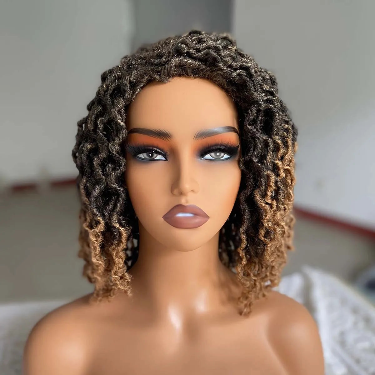 Short Goddess Faux Locs Wig | Brown Highlight Dreadlock Wig | Afro Braided Crochet Wig | Synthetic Hair