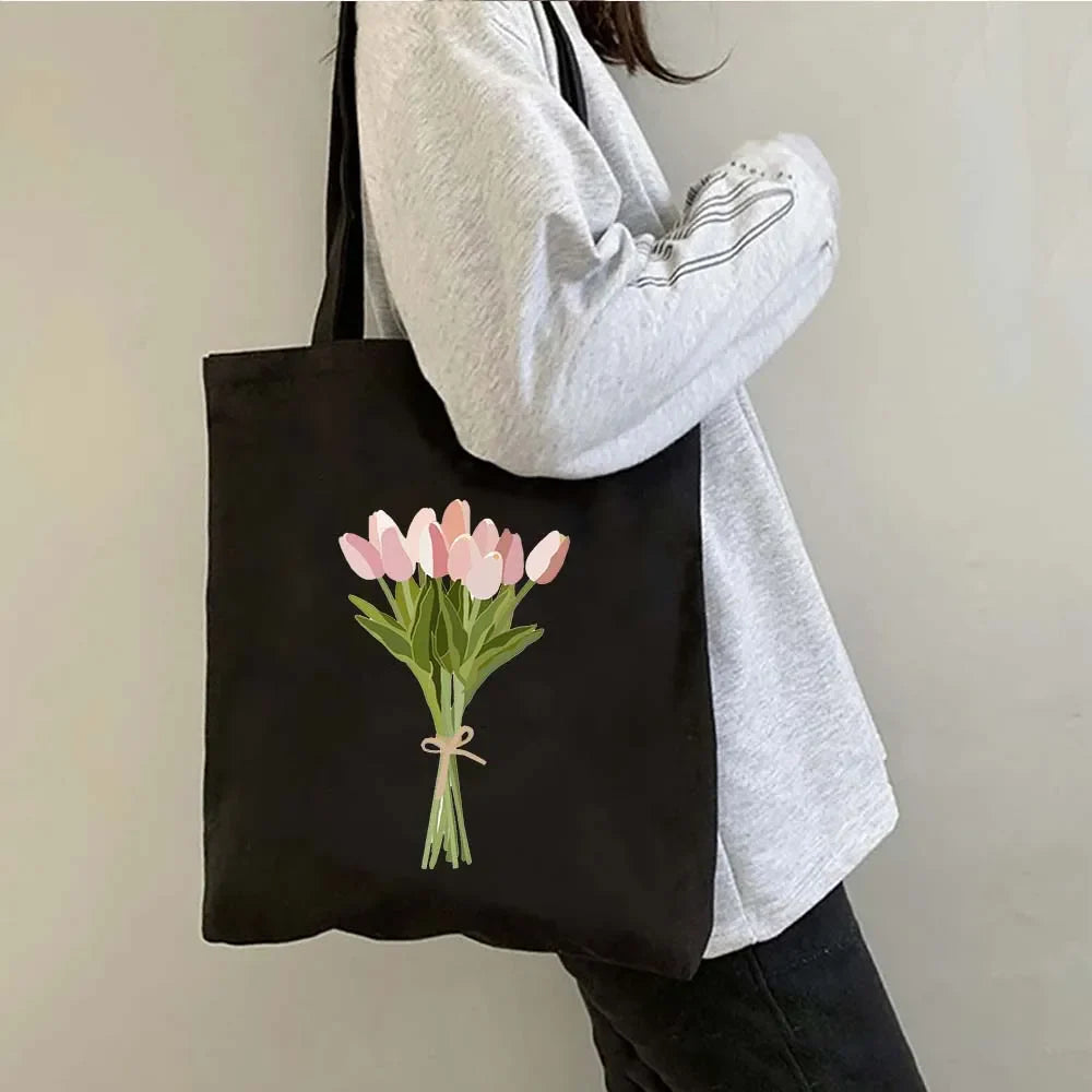 Succulove Floral Cotton Tote Bag | Large Capacity Handbag with Tulips, Hydrangeas, Sunflowers & More (Casual Shoulder Shopper, Eco-Friendly)