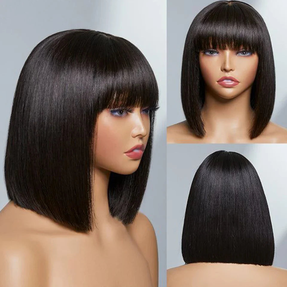 Peruvian Straight Bob Lace Wig with Bangs | Middle Part Glueless Human Hair | Realistic Scalp
