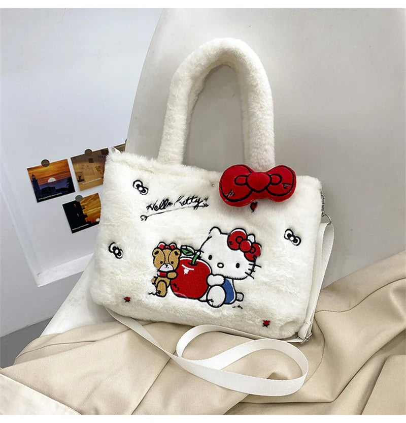 Kawaii Hello Kitty Plush Shoulder Bag | My Melody Cinnamoroll Kuromi Cute Cartoon Anime Handbag (Soft Storage Bag for Women & Girls)