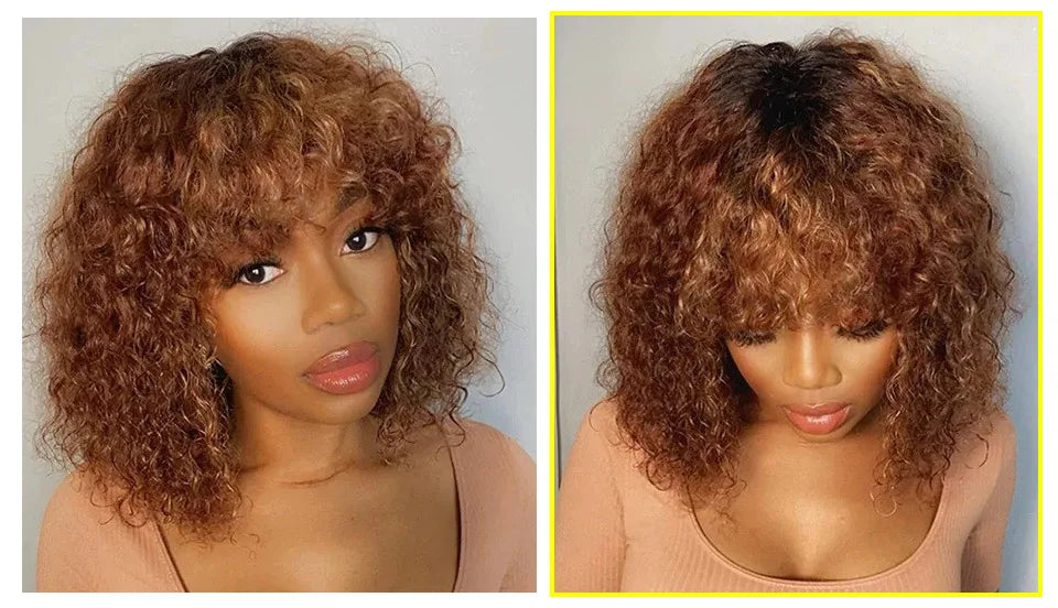 Highlight Honey Blonde Jerry Curly Bob Wig with Bangs | Non-Lace Front Human Hair