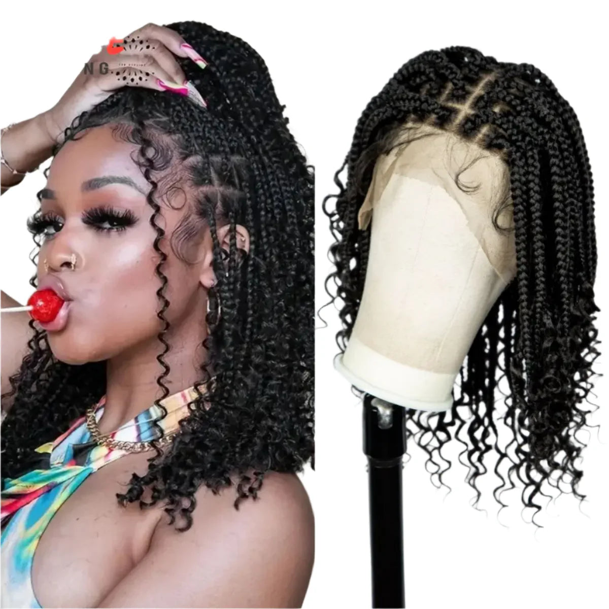 Knotless Box Boho Braided Wig with Curly Ends | Short Bob Style | Full Lace Synthetic Wig for Black Women