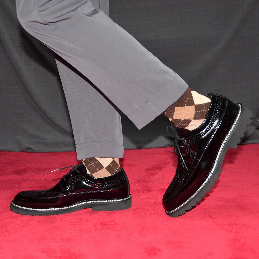 Luxury Men's Black Patent Leather Wingtip Brogue Oxfords | Thick Sole Formal Dress Derby Shoes (Height Increasing)