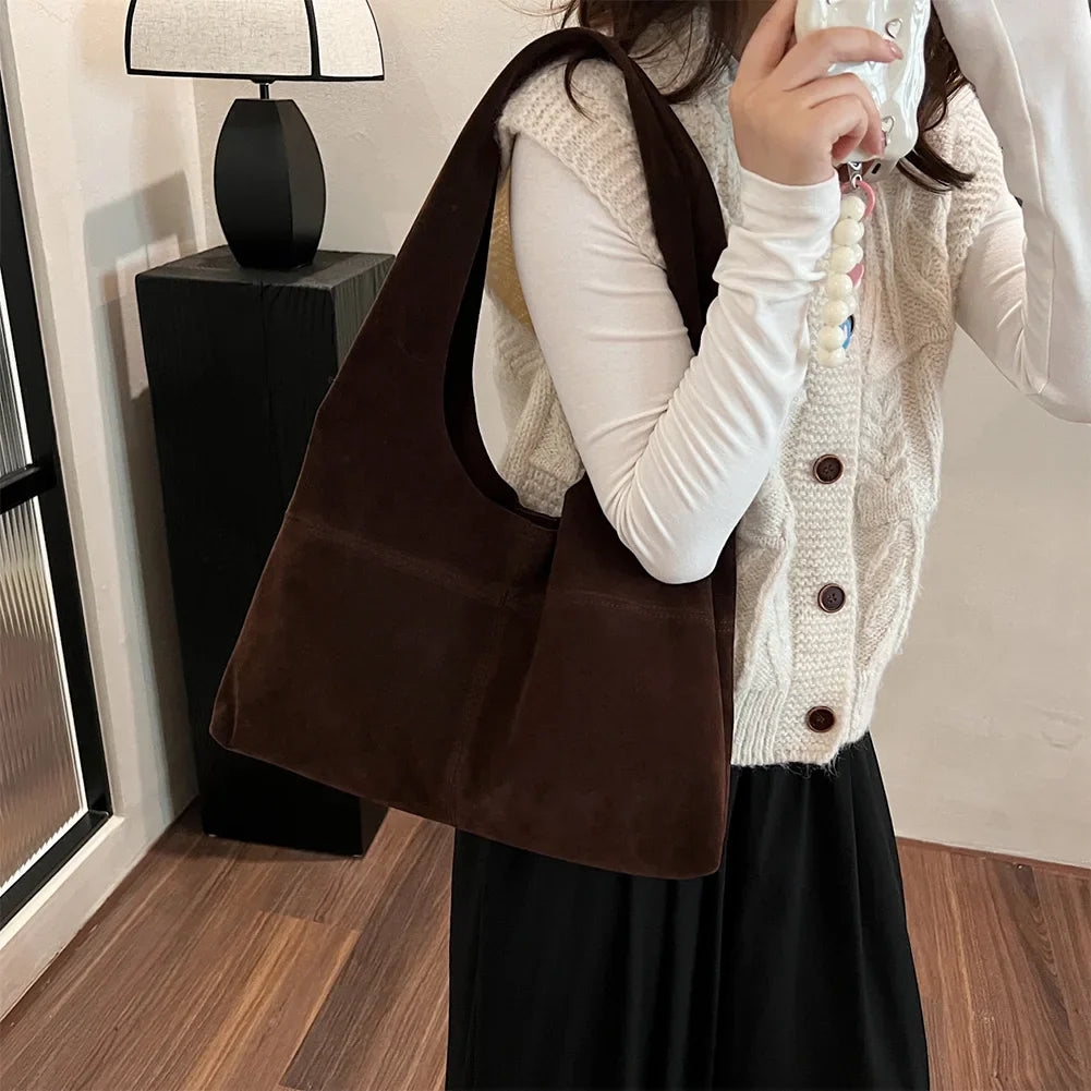Women's Faux Suede Tote Bag | Vintage Large Capacity Shoulder & Underarm Handbag (Designer Style, Simple Commuting Bag)