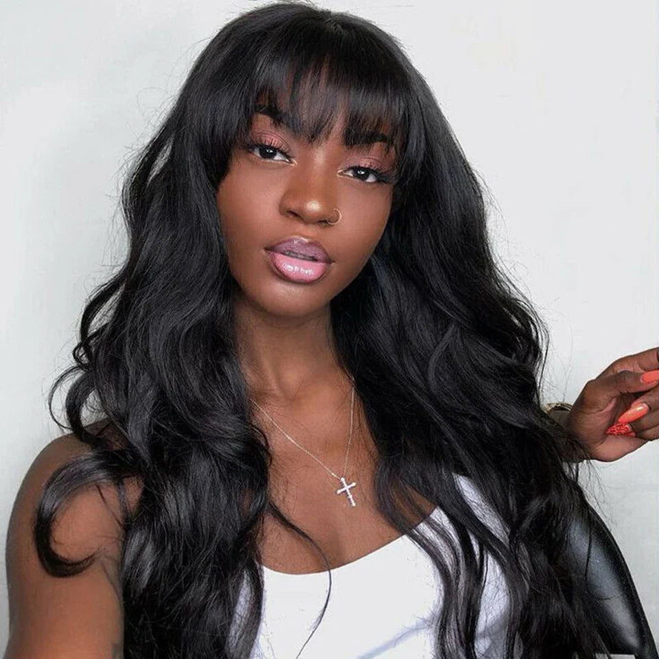 Natural Color 22" Body Wave Wig with Bangs | 180% Density Remy Human Hair Middle Part Lace