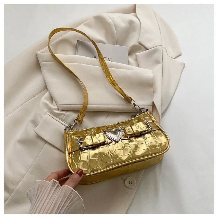 Women's Y2K Peach Heart Butt Leather Handbag | Alligator Pattern Underarm Shoulder Bag with Heart Pin Buckle (Fashion Girls Mini Tote)