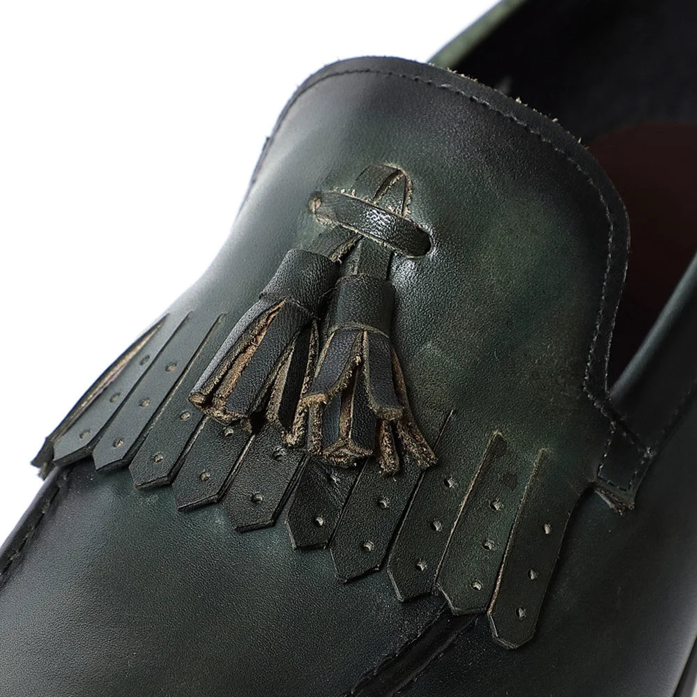 Classic Original Men's Genuine Leather Tassel Loafers | Elegant Black & Green Casual Business Flat Shoes