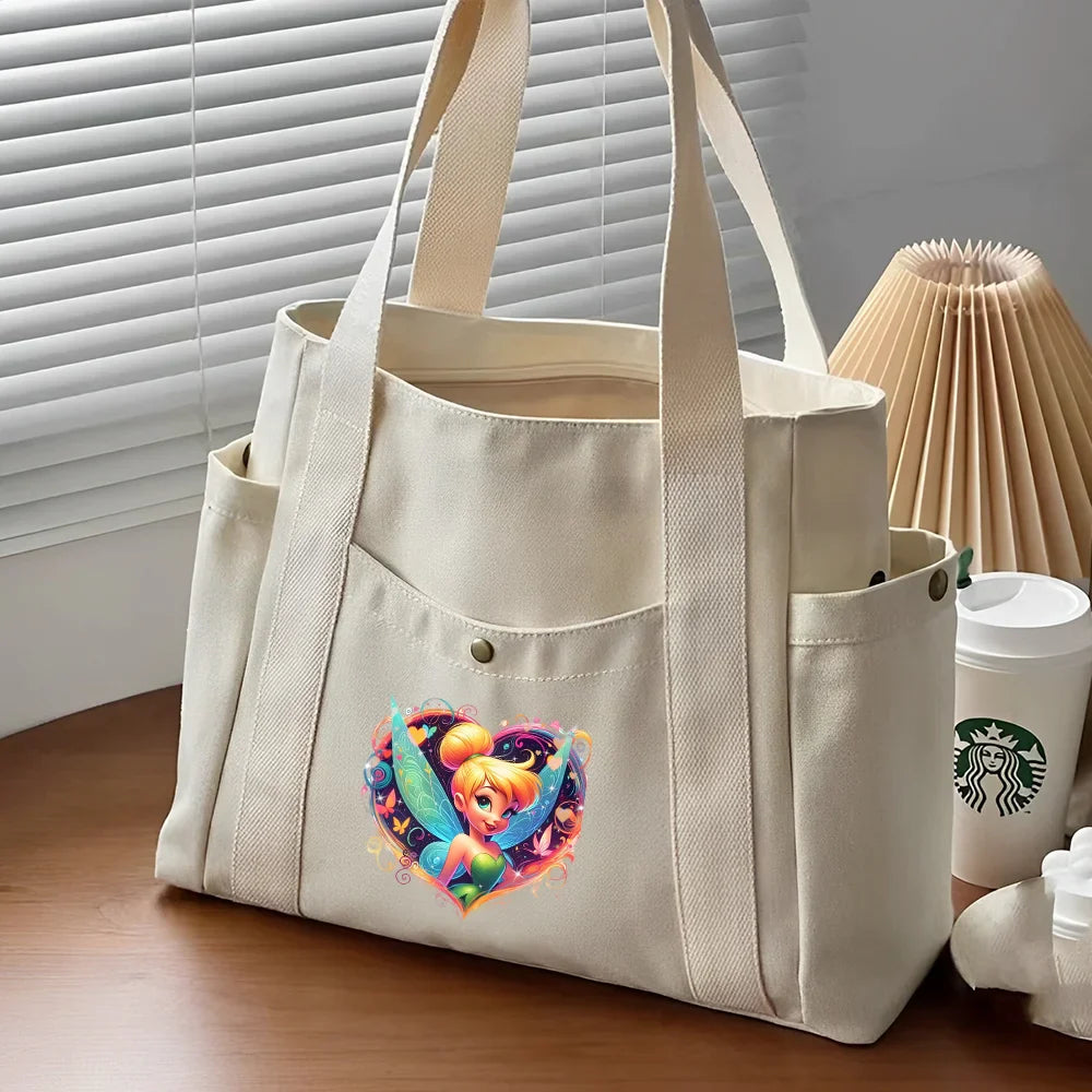 Tinker Bell Large Capacity Canvas Tote Bag | Work Commuting & College Style Student Shoulder Bag (Book Bag, Shopping Bag, Zipper Closure)