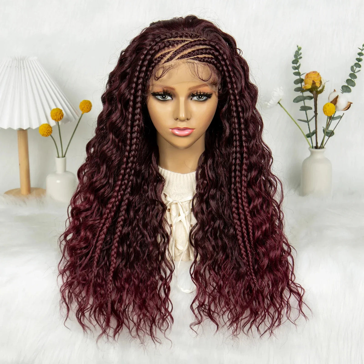 Burgundy Cornrow Stitch Curly Braids Wig | 13x4 Lace Front | Baby Hair | KIMA