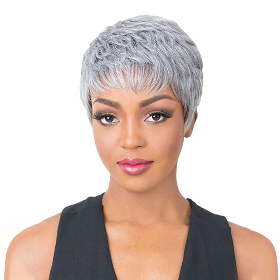 Grey & Natural Black Pixie Cut Wig with Bangs | Remy Human Hair Full Machine Made