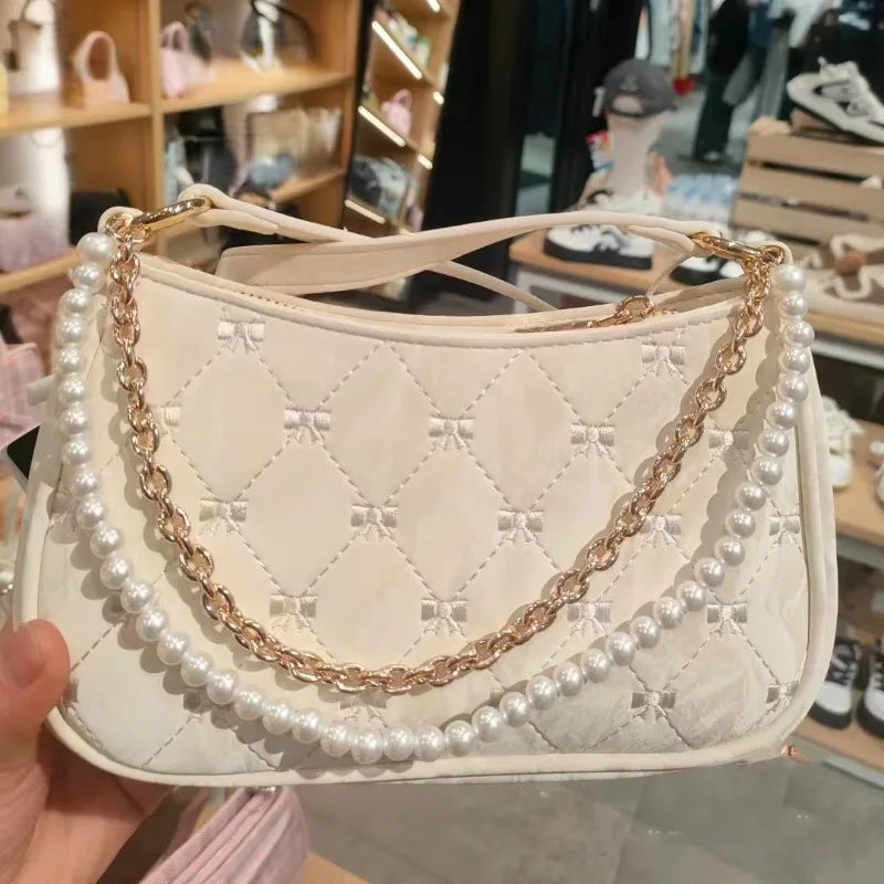 Women's Shoulder Bag | Elegant Cute Bow Pearl Chains & Embroidery Handbag (Casual Leather Korean Fashion Female Handbag)