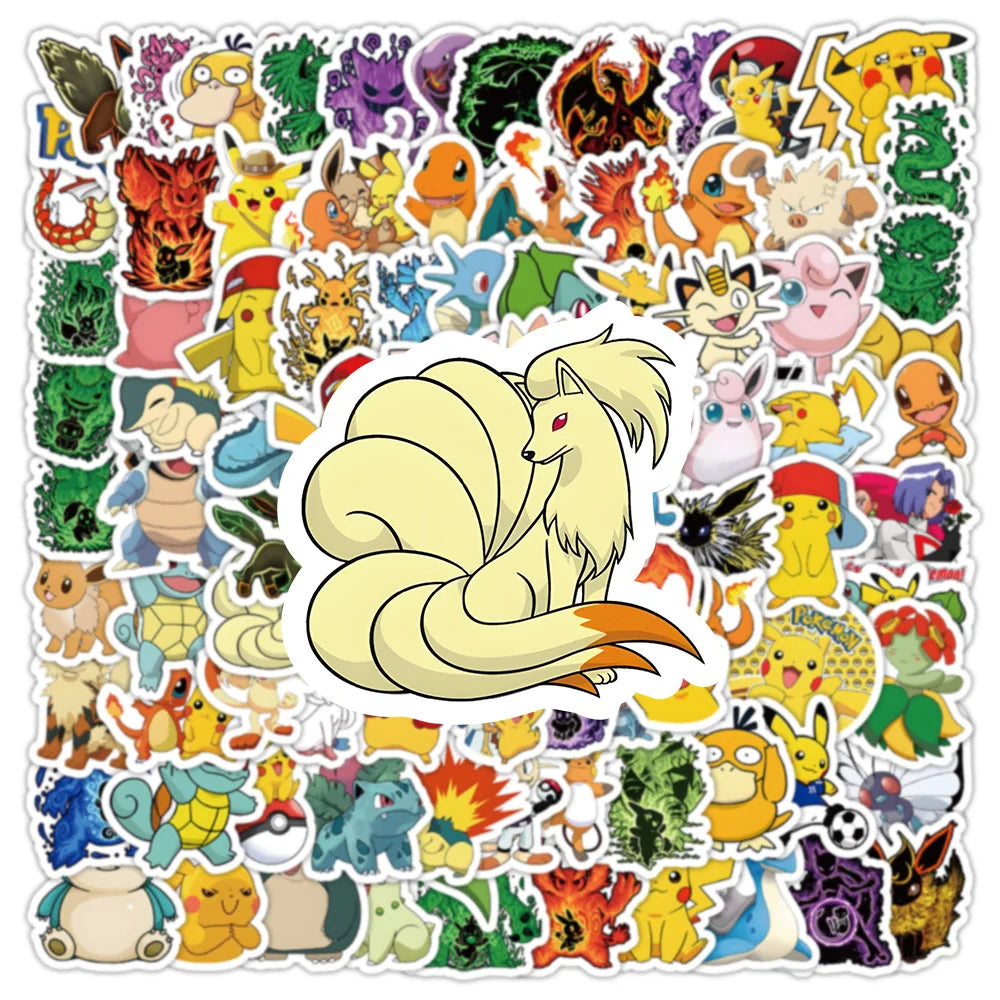 100PCS Kawaii Pikachu Anime Pokemon Stickers for Laptop Suitcase Skateboard Guitar Phone Cartoon Sticker Kid Gift Toys