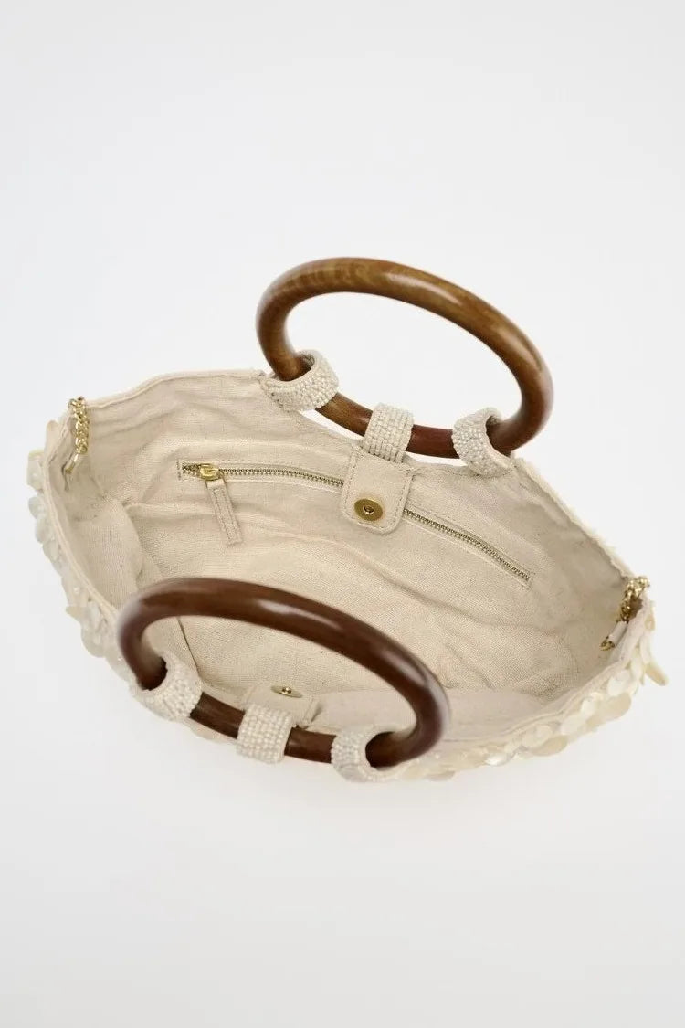 Faux Nacre Appliqué Half-Moon Bag for Women | New Double Circular Top Handles & Removable Chain Crossbody Strap (Fashionable & Versatile)