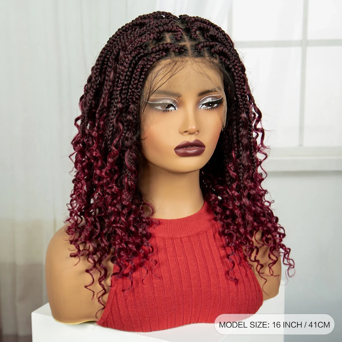 Burgundy Curly Ends Knotless Braids Bob Wig | 99J | Full Lace | Boho Style
