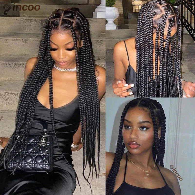 Jumbo Knotless Box Braids Wig | Tribal Cornrows & Faux Locs | Full Lace Front | 36" Look