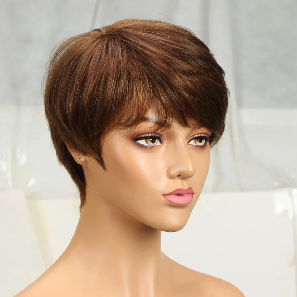 Rebecca Burgundy Red & Blonde Pixie Bob Wig | Short Straight Glueless Human Hair with Bangs
