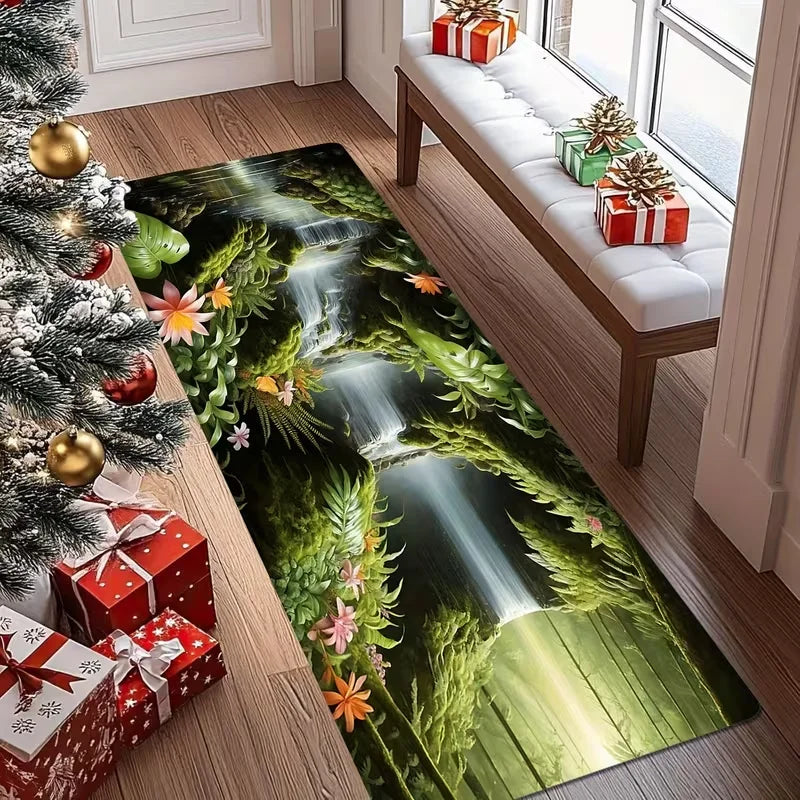 1pc Waterfall Forest Flower Printed Long Corridor Carpet Runway Doormat for Kitchens Entrances Living Rooms Home Decoration Rugs