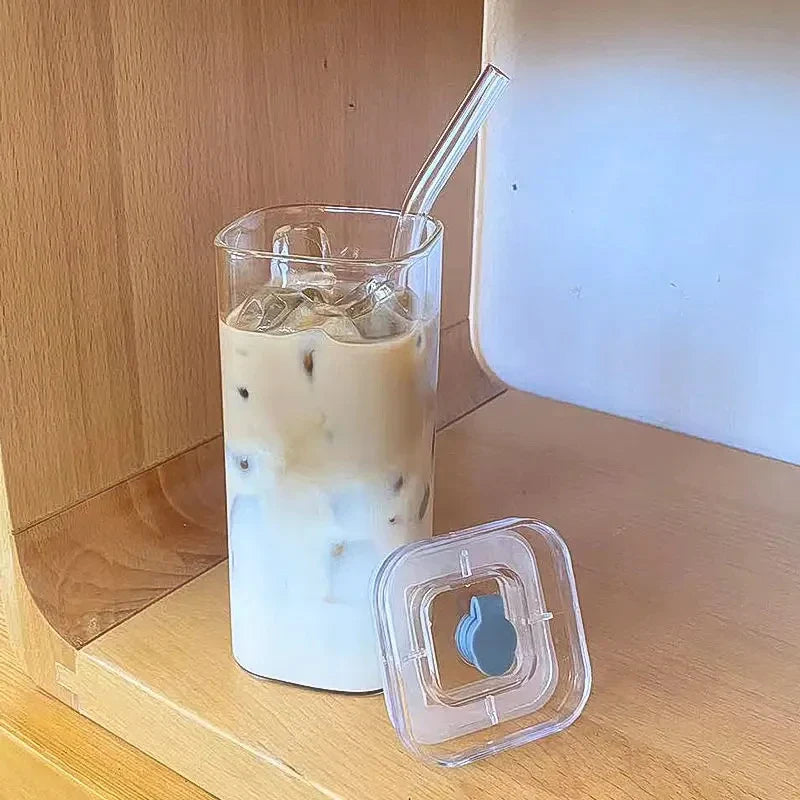1/2/4/6Pc Square Heat Resistant Coffee Glass Cup With Lid and Straw Transparent Milk Tea Juice Coffee Mug For Home Bar Drinkware