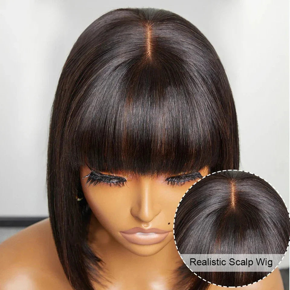 Malaysian Straight Bob Lace Wig with Bangs | Middle Part Glueless Human Hair