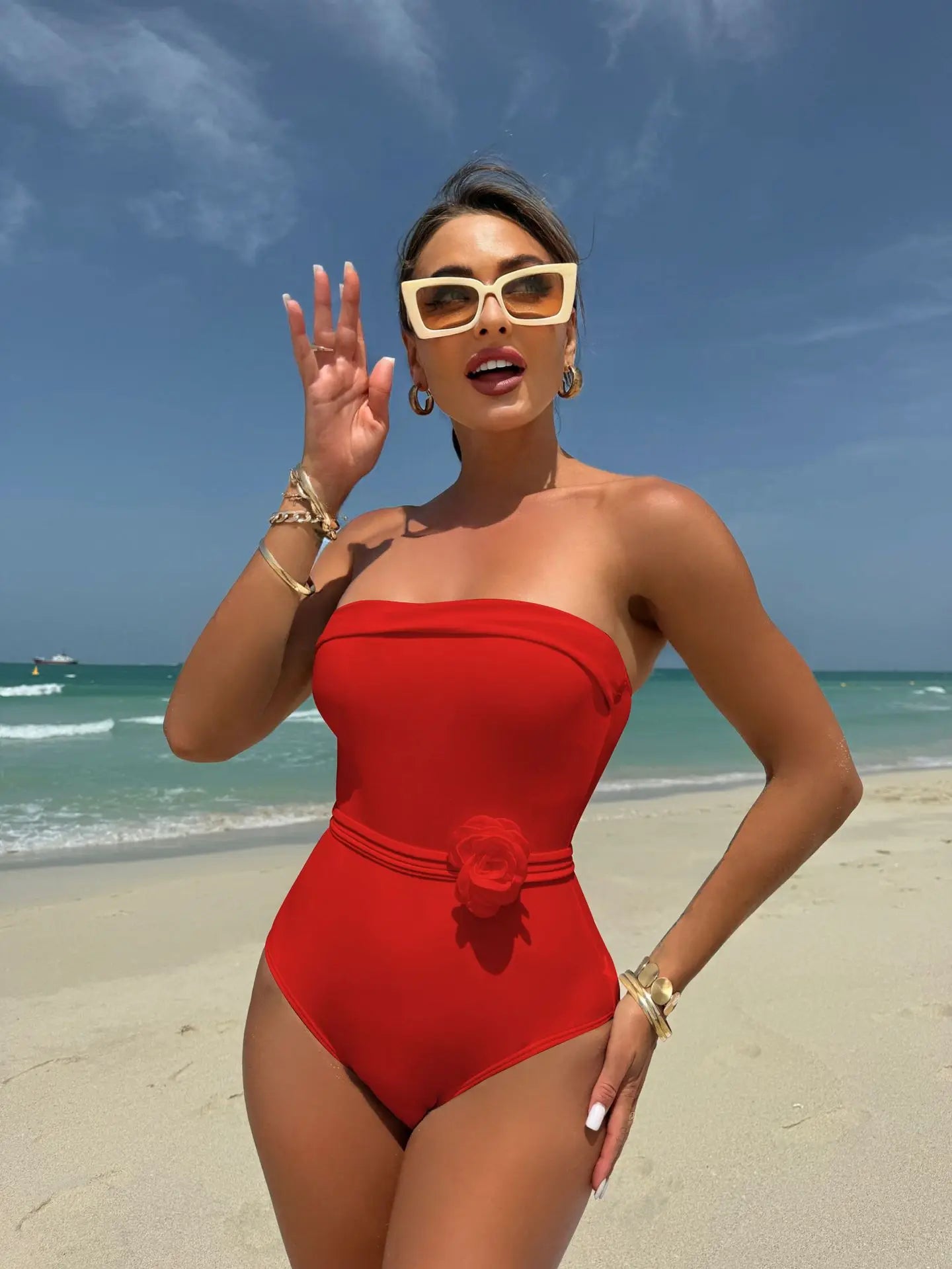 New One-piece Multi-wear One-piece Drawstring Strap Small Flower Swimsuit Swimsuit Bikini