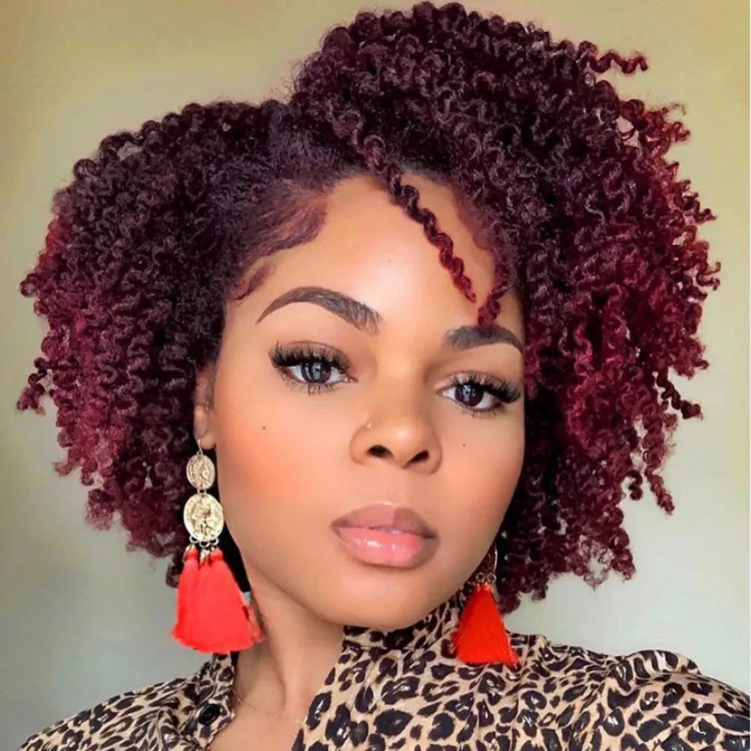Short Curly Burgundy & Black Wig | Side Part Synthetic Cosplay Wig | 150% Density