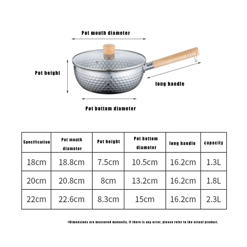 430 Stainless Steel Soup Pot Japanese Snow Pan Frying Wok Wooden Handle Stew Saucepan Milk Pot Kitchen Utensils Kitchen Cookware