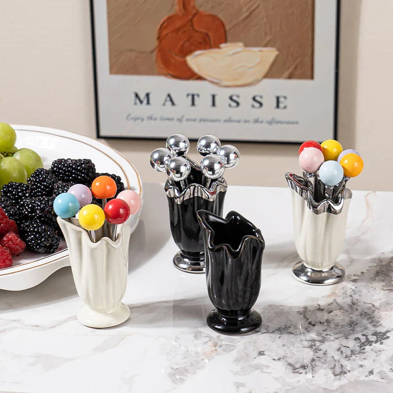 High-end home stainless steel fruit fork and dessert set, with ceramic storage container - innovative fruit fork