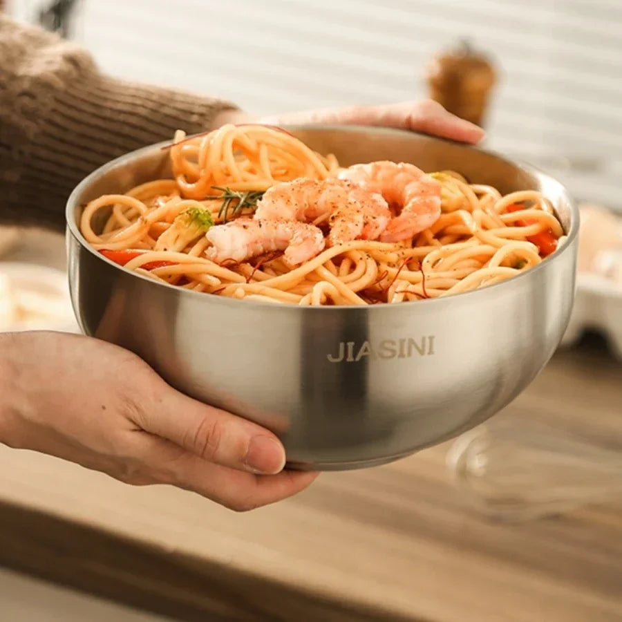 Large capacity stainless steel bowl, double insulation salad fruit bowl, light rice bowl, anti drop Noodles in soup bowl