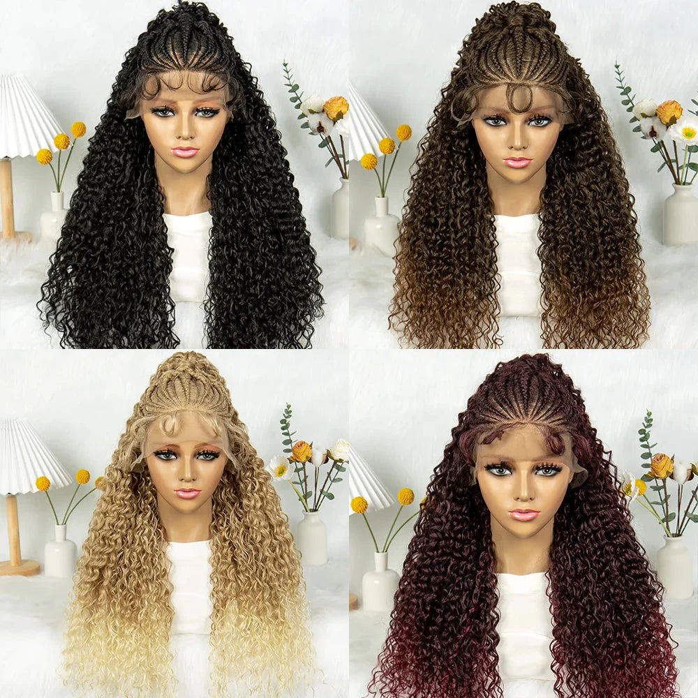 Kima Ombre Cornrow & Curly Ponytail Wig | 13x4 Lace Front | Half Updo | Synthetic Hair | Black Women