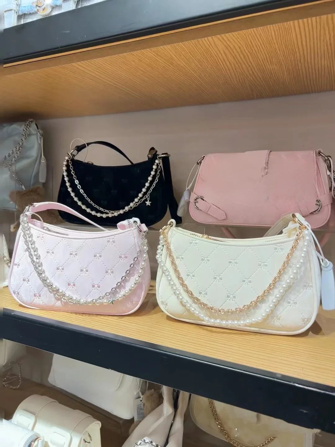 Women's Shoulder Bag | Elegant Cute Bow Pearl Chains & Embroidery Handbag (Casual Leather Korean Fashion Female Handbag)