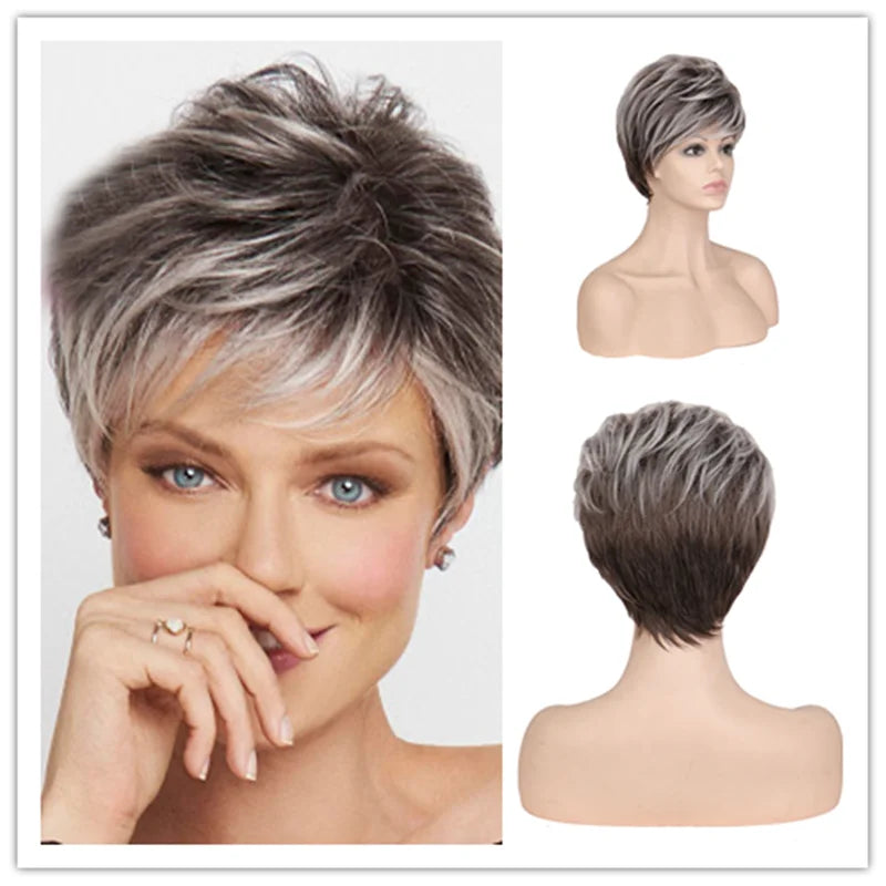 Short Brown Bob Wig with Bangs | Mixed Blonde Synthetic Natural Hair Wig for Women (Soft Mommy Hair, Daily Use)