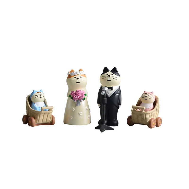 Cute Cat Wedding Zakka Figurine Bride Baby Stroller Resin Model Miniatures Model Cake Ornaments Decor Crafts Desktop Accessories